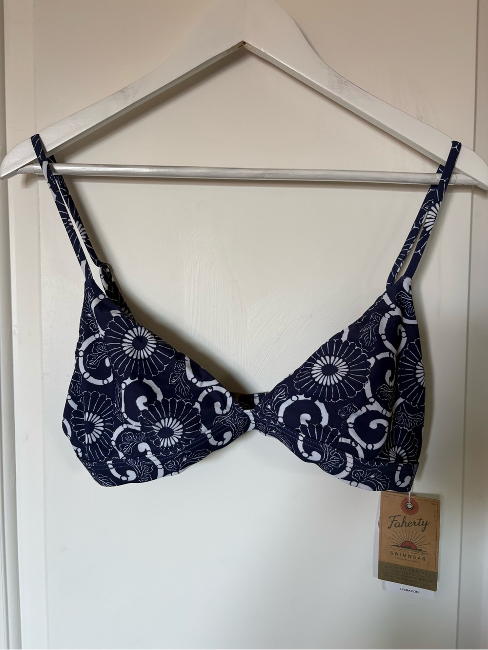Faherty Navy and White Floral Triangle Bikini Top